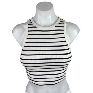 Zara White Black Striped Ribbed Knit Sleeveless High Neck Tank Crop Top Size S